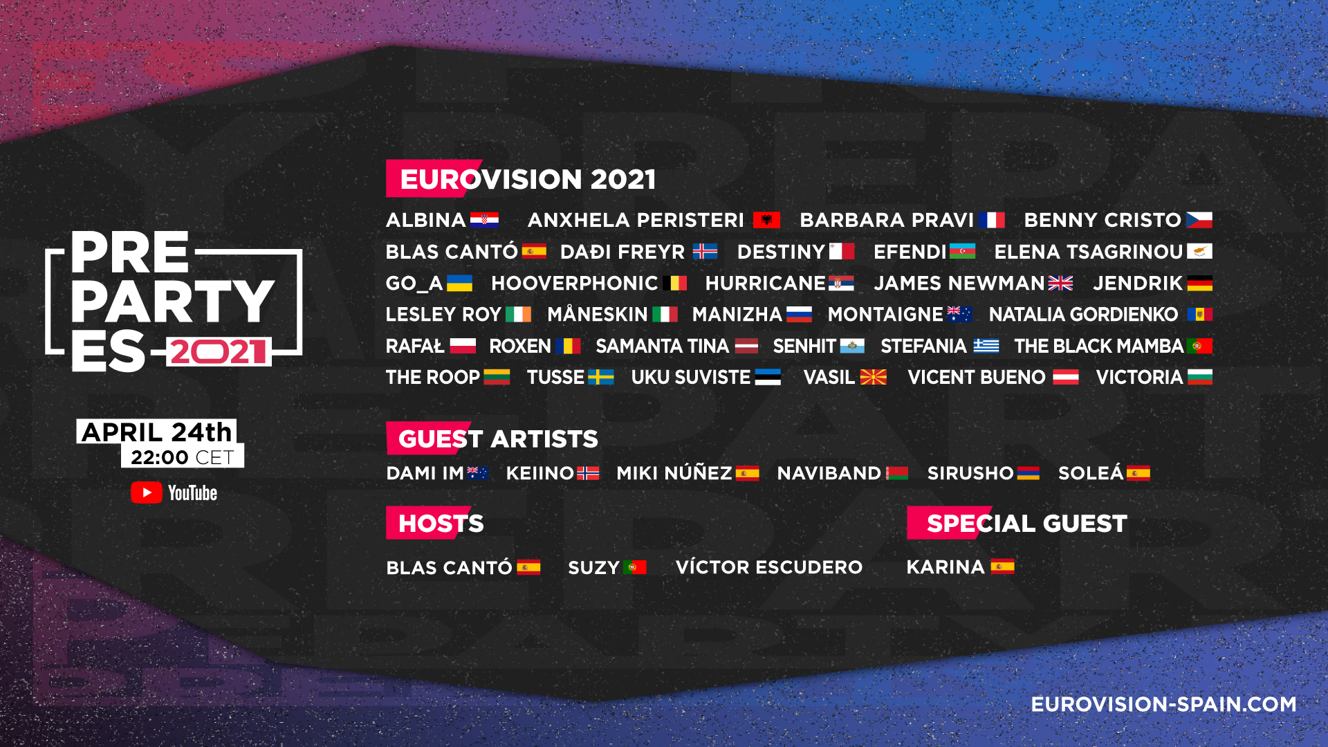 Italia y Moldavia completan el cartel de la PrePartyES, ¡así será el concierto con el 80% de artistas de Eurovisión 2021!